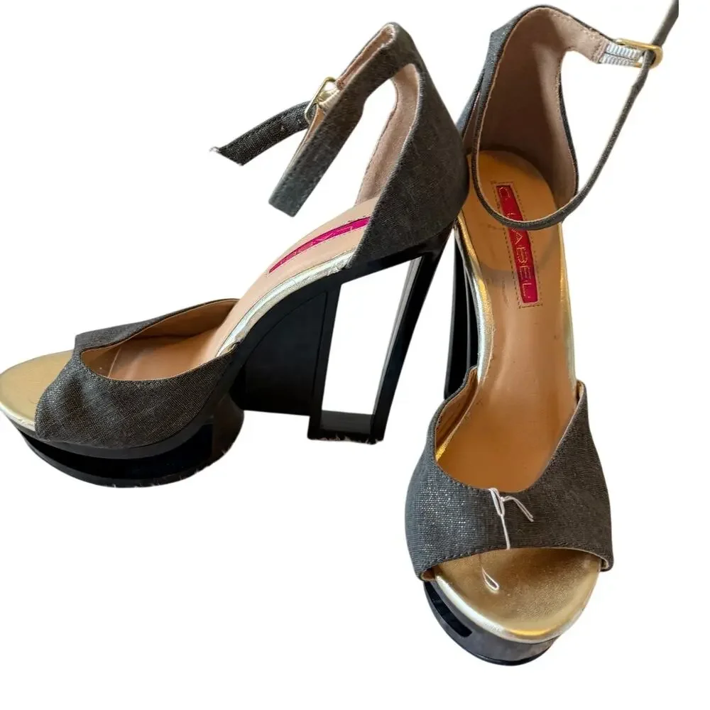 C Label Dolce 4 Gray Shimmer Platform Heels Open Toe Size 8.5